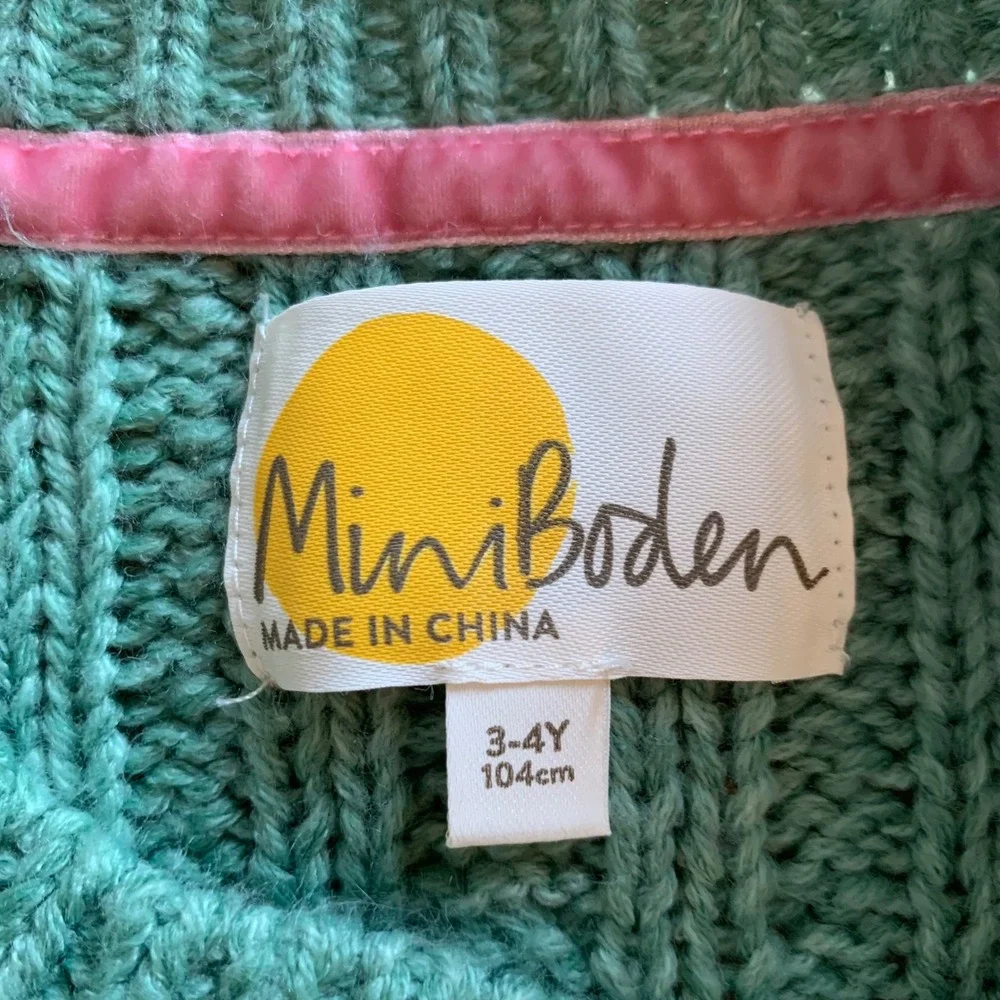 Mini Boden Kids Cardigan Sweater Chunky Green Cable Knit Floral Bobble Girl 3-4Y